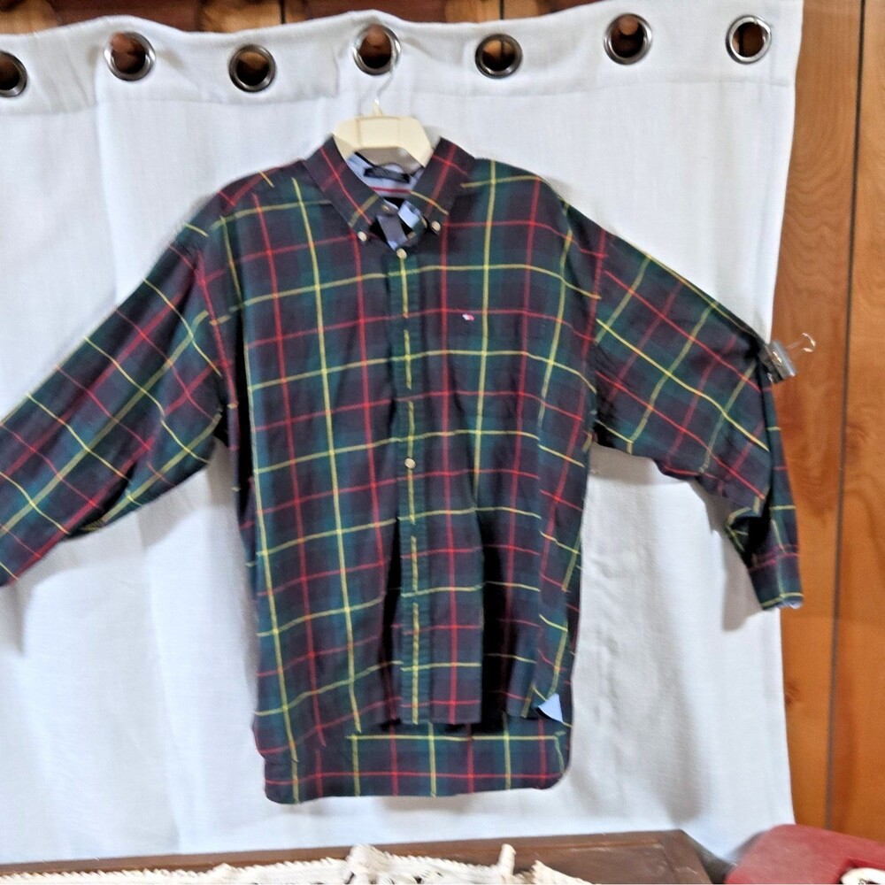 Tommy Hilfiger Men's Plaid Button-Down Shirt Embroidered Cotton Green Red XL VGC